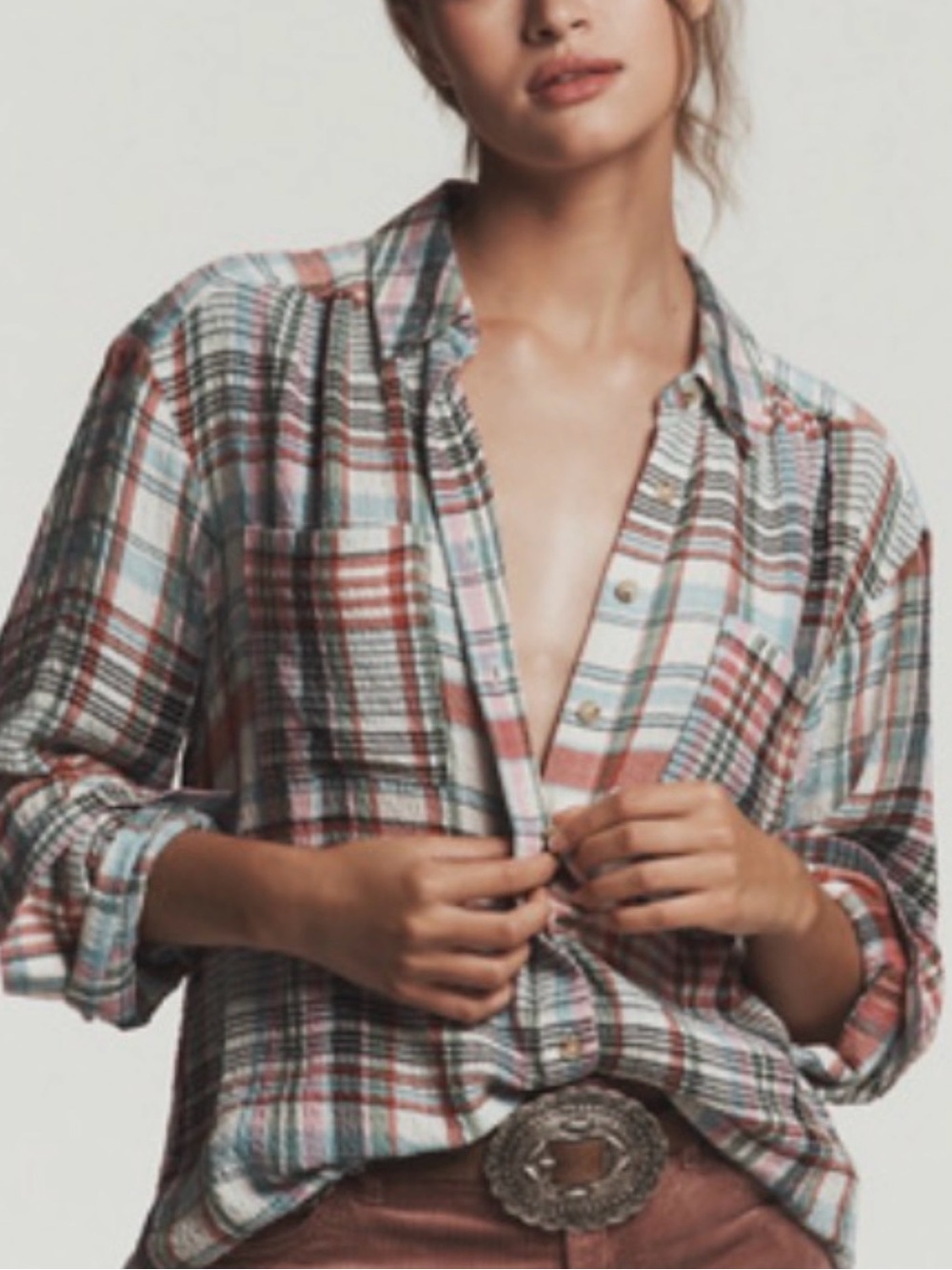 Anthropologie Pilcro The Hadley Relaxed Button Down Shirt Pink Combo Size Small - Picture 8 of 8